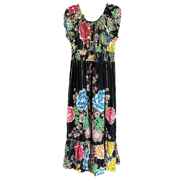 Me 2 Magic Anthropologie Maxi Dress 1X Dark Floral Metallic Tiered Smocked - Picture 1 of 8